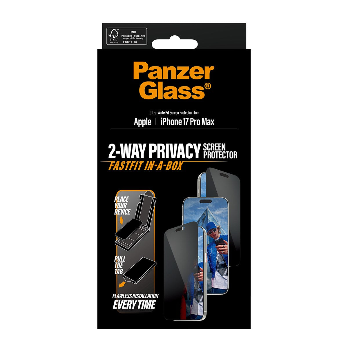 PanzerGlass® Privacy Displayschutz m. Schwarz Rahmen iPhone 17 Pro Max | Ultra-Wide Fit m. FASTFIT IN-A-BOX